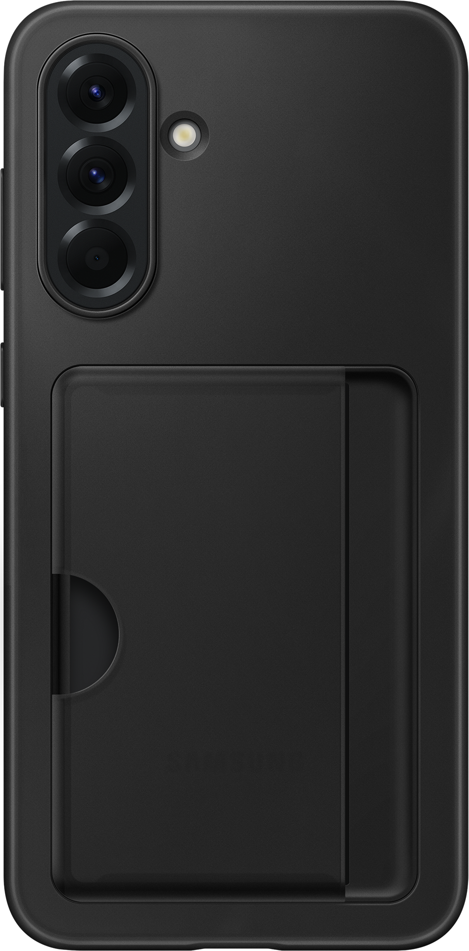 Coque de téléphone noire avec trois objectifs et un porte-cartes.
