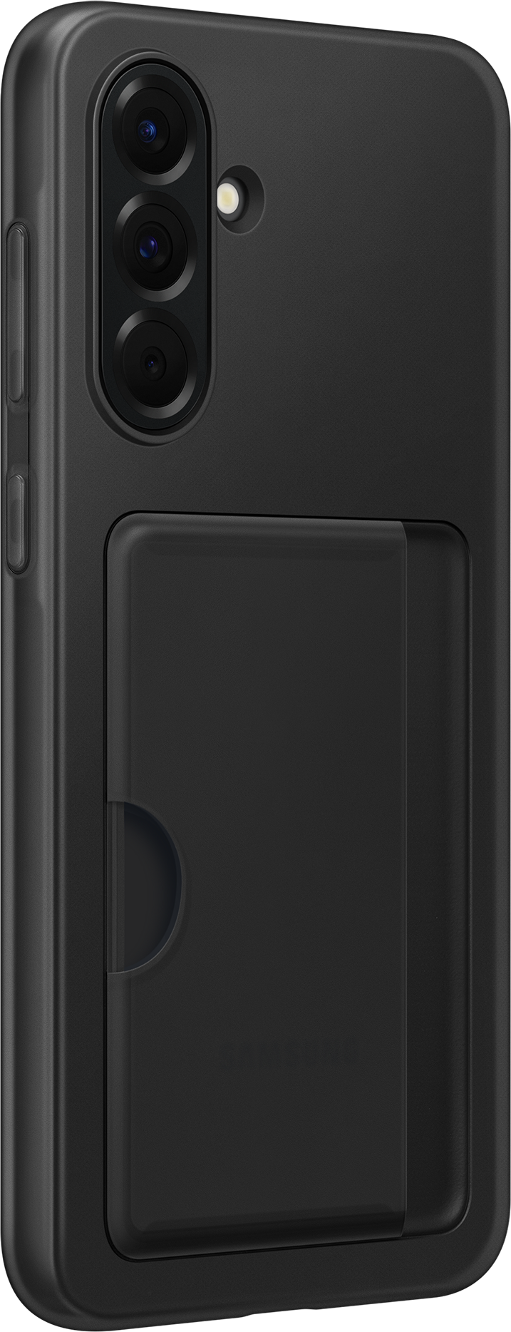 Un téléphone noir avec un étui porte-cartes. Le téléphone a une bosse de caméra à l'arrière.