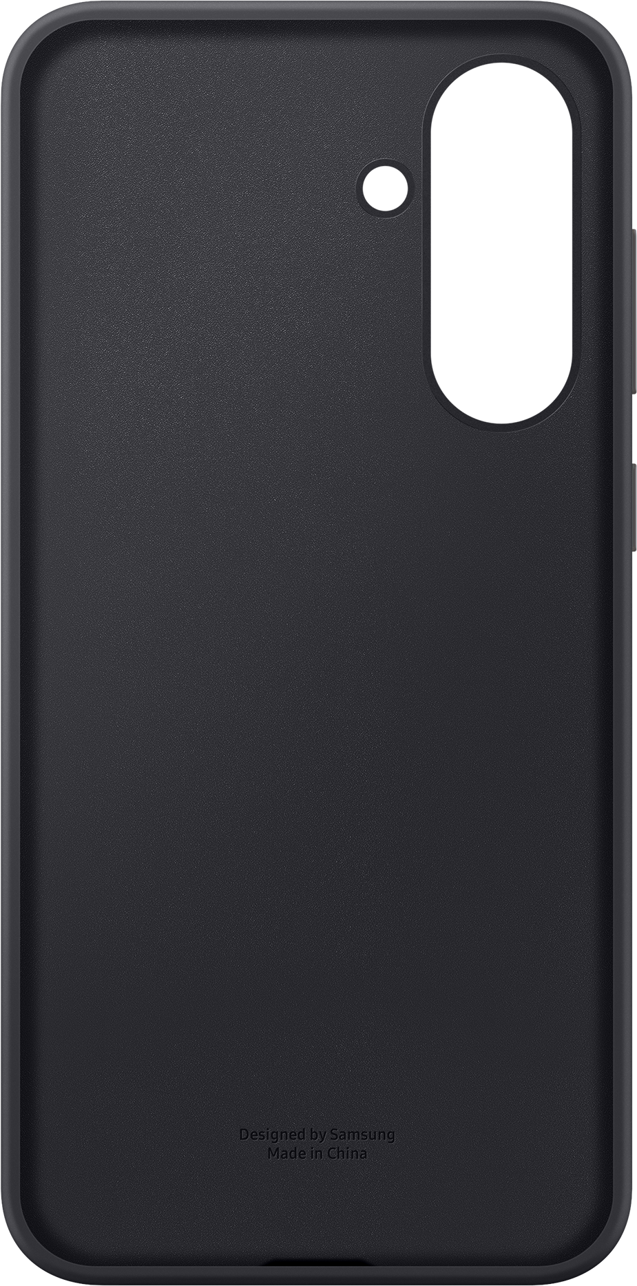 Une coque de téléphone noire avec une découpe pour la caméra et le logo Samsung en bas.