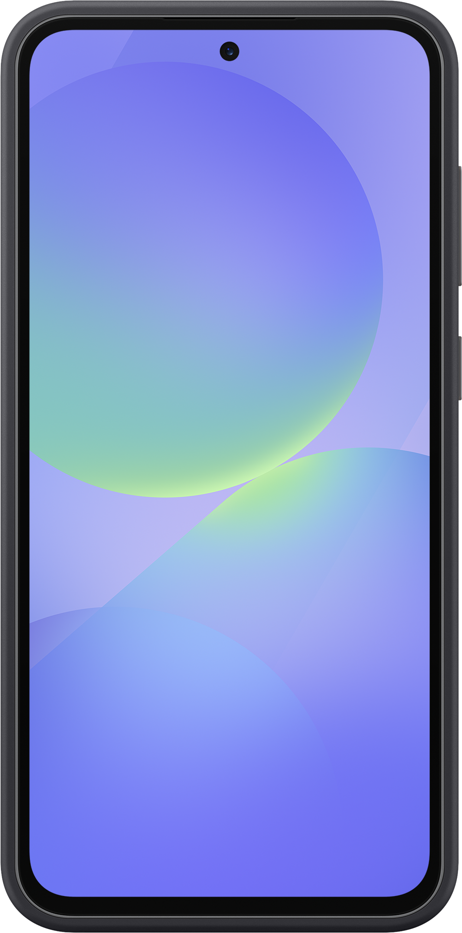 Écran de smartphone noir avec cercles dégradés bleus et verts.