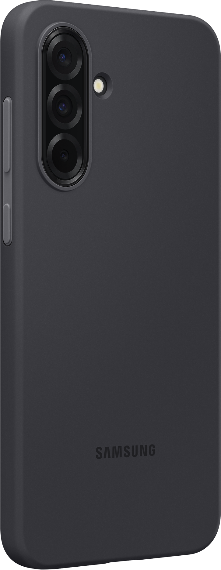 Téléphone gris foncé avec bosse caméra et logo Samsung.