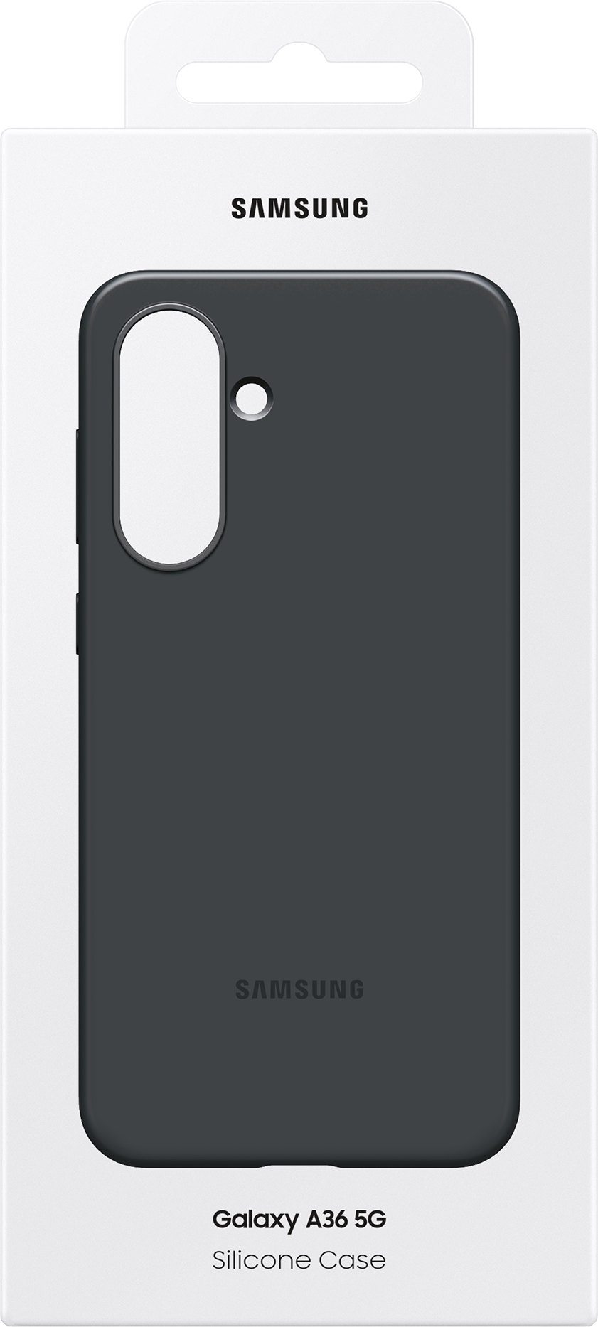 Coque de téléphone noire dans une boîte blanche avec le logo Samsung et la marque Galaxy A36 5G.
