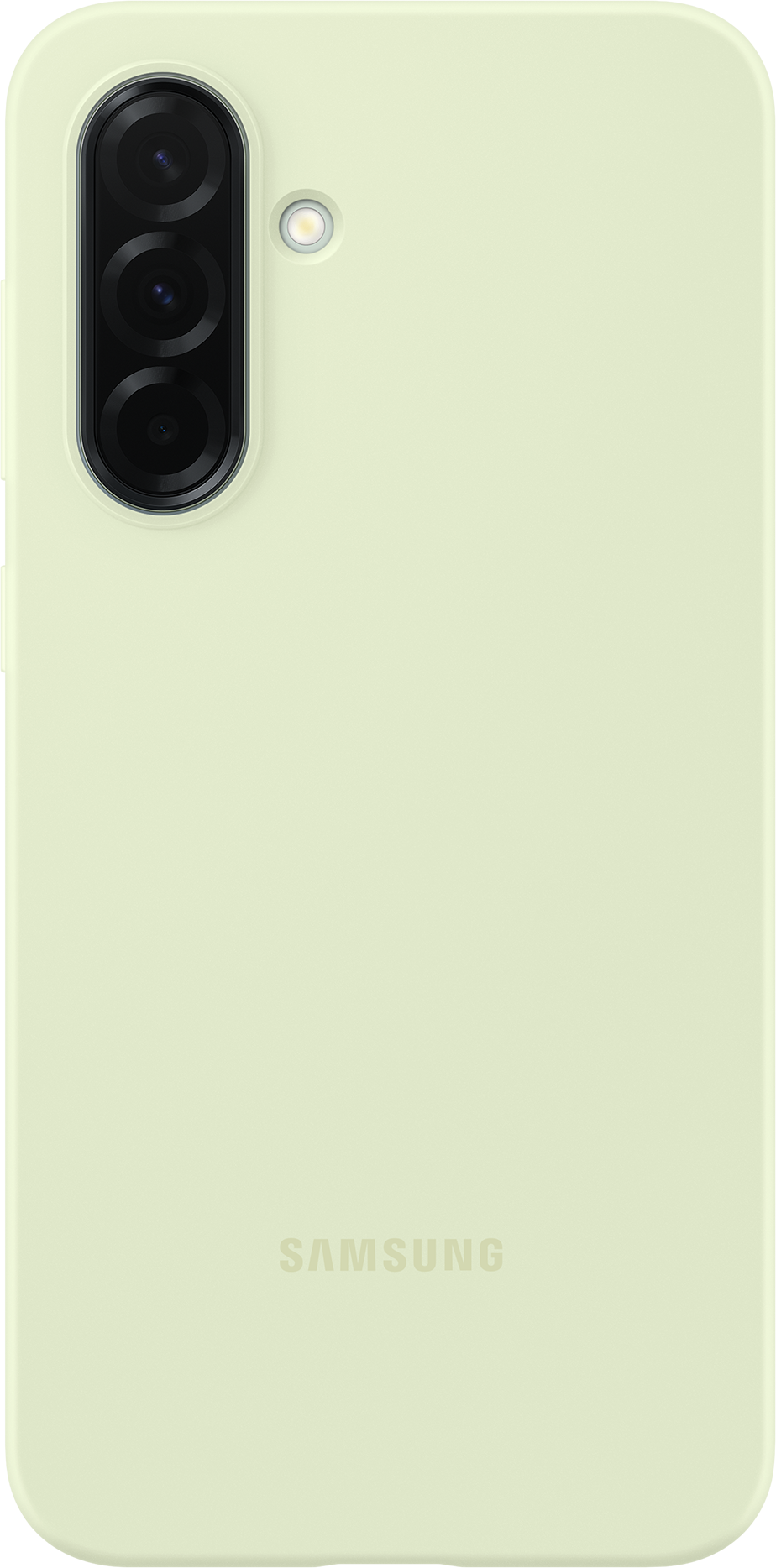 Arrière d'un téléphone vert clair avec trois caméras et le logo Samsung.