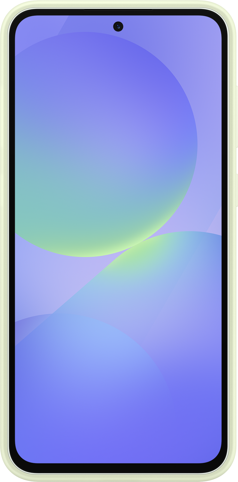 Un téléphone avec un cadre jaune, affichant un arrière-plan coloré de nuances mélangées.
