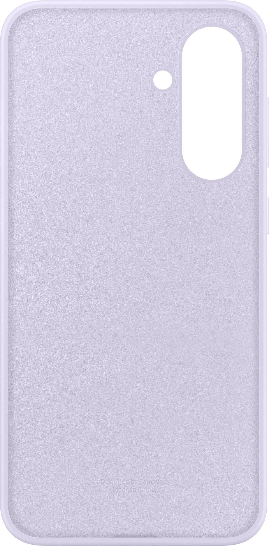 Une coque de téléphone lavande avec une découpe pour l'appareil photo. Le logo Samsung est en bas.