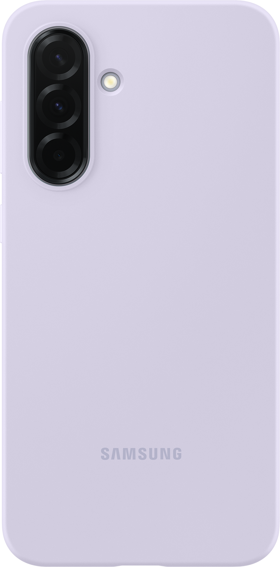 Téléphone lilas. Trois caméras arrière, logo Samsung en bas.