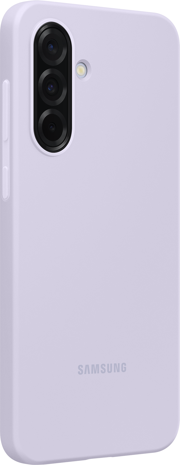 Une coque de téléphone violet clair avec trois objectifs et le logo Samsung.