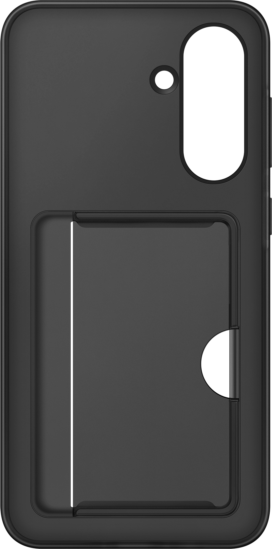 Custodia per telefono nera con slot per carte, sfondo bianco.