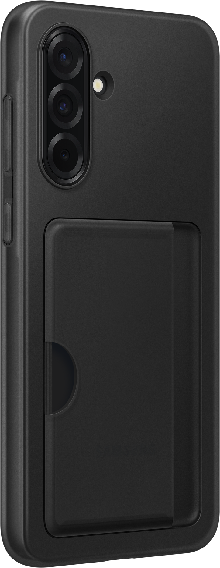 Custodia nera per telefono con porta carte. Lo sfondo è bianco uniforme.