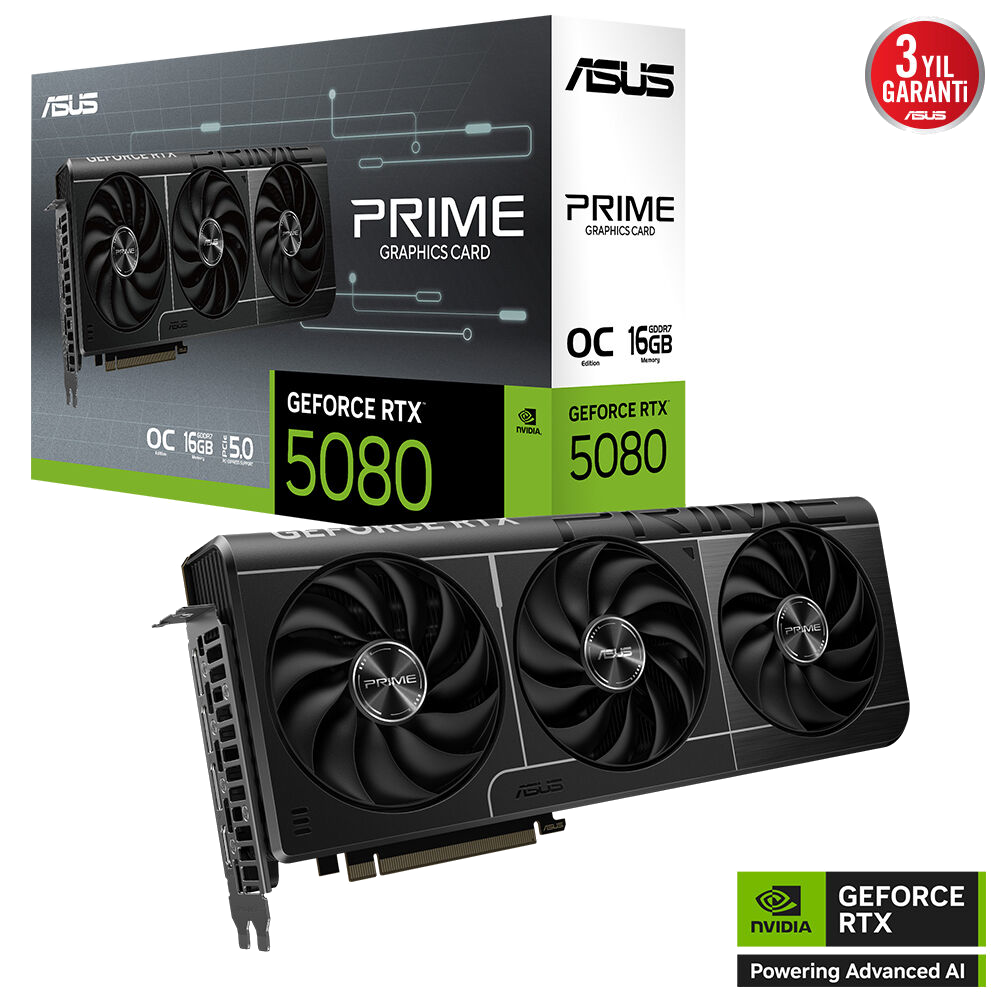 ASUS grafik kartı kutusu ve üç fanlı kartı.