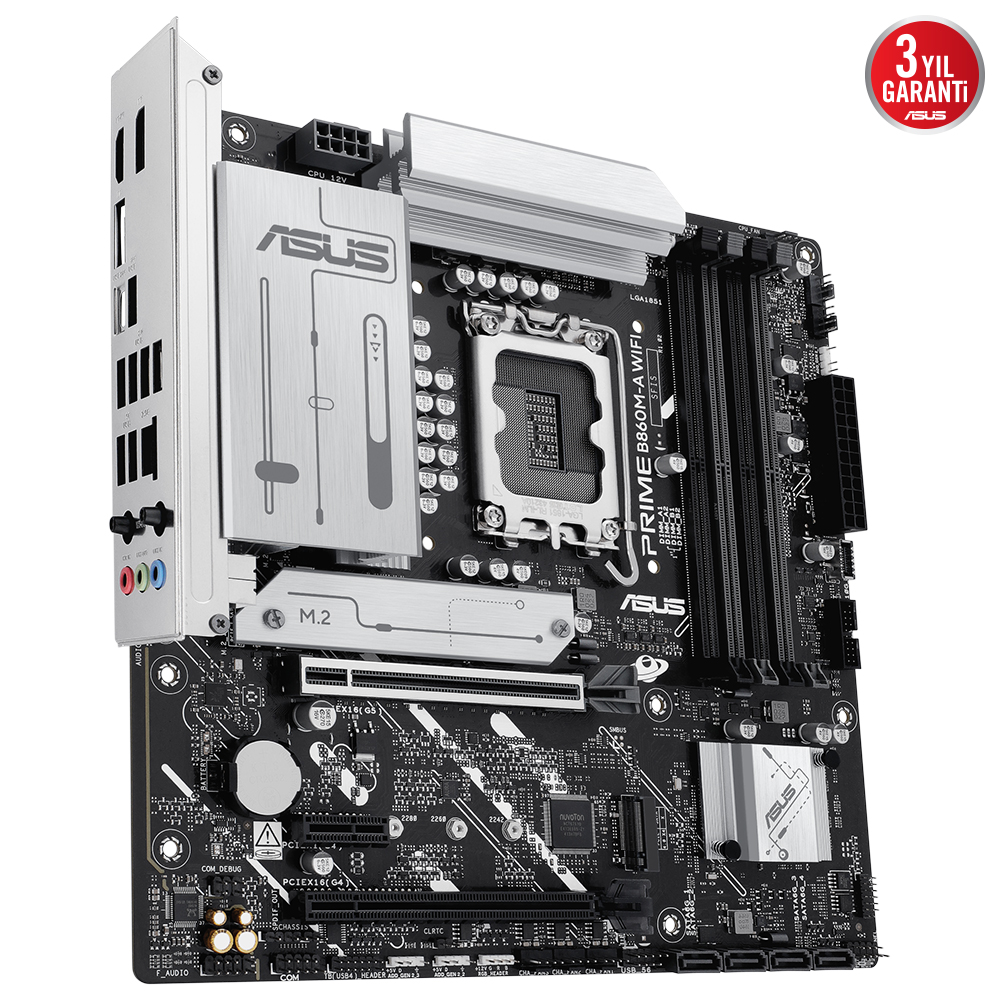 ASUS logolu siyah ve gümüş bir anakart.