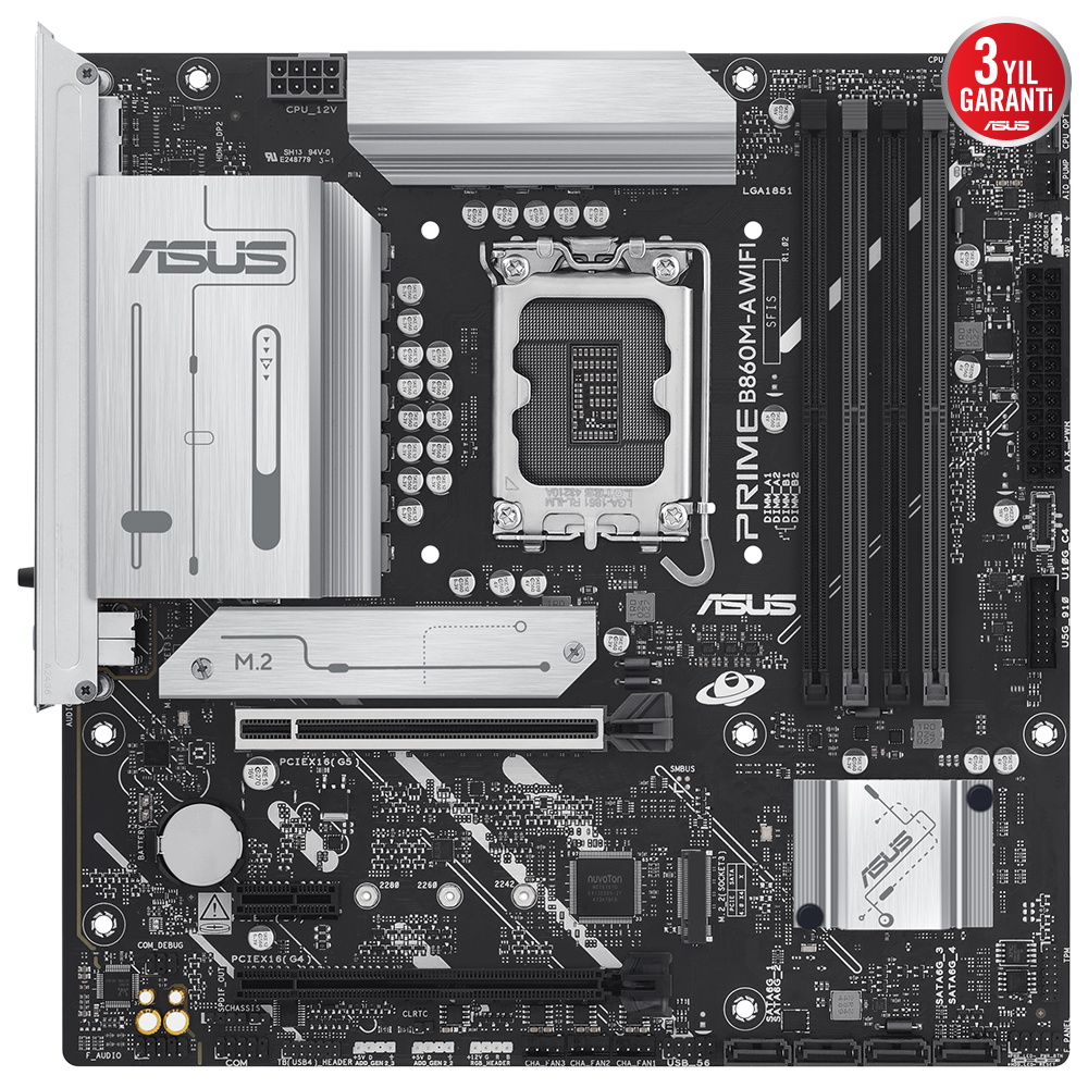 ASUS logolu siyah ve gümüş bir anakart.