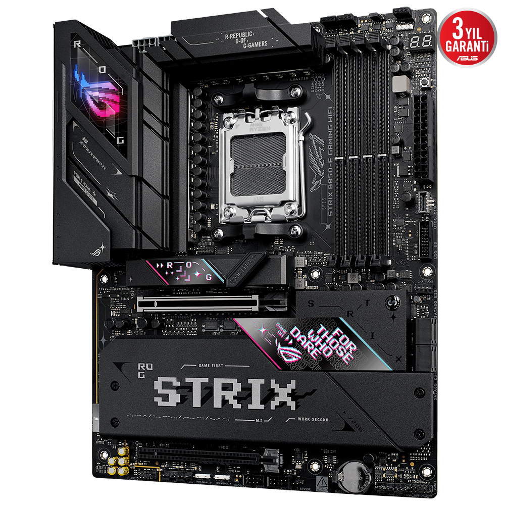 ROG logosu ve garanti etiketi olan siyah ve gümüş bir bilgisayar anakartı.