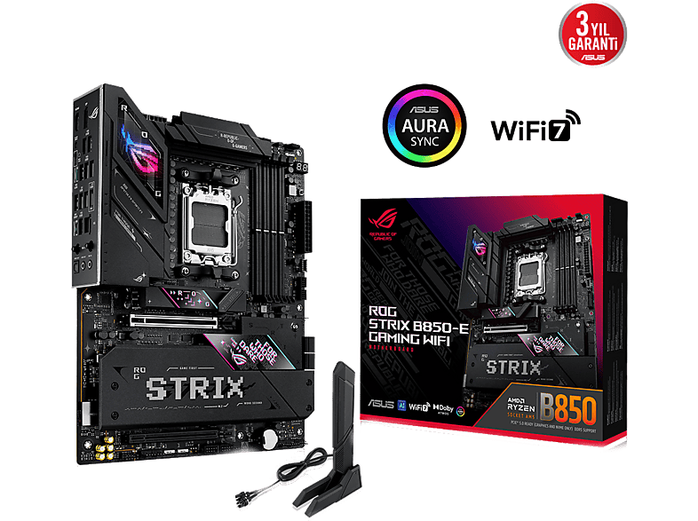 ASUS Rog Strix B850-E Gaming WiFi AMD B850 AM5 DDR5 6400 DP HDMI 3X M2 USB3.2 WiFi 6E BT Aura RGB Anakart