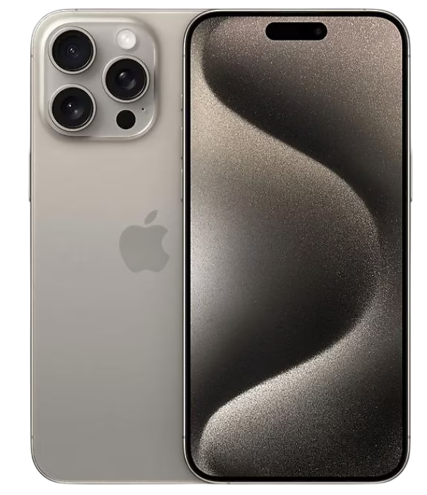 Gümüş iPhone, üç arka kameraya ve gümüş, dalgalı tasarımlı bir ekrana sahip. Arkada Apple logosu.