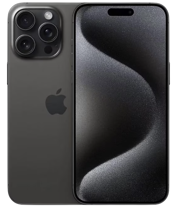 Kavisli ekranlı siyah iPhone. Arkasında üç kamera ve bir Apple logosu var.