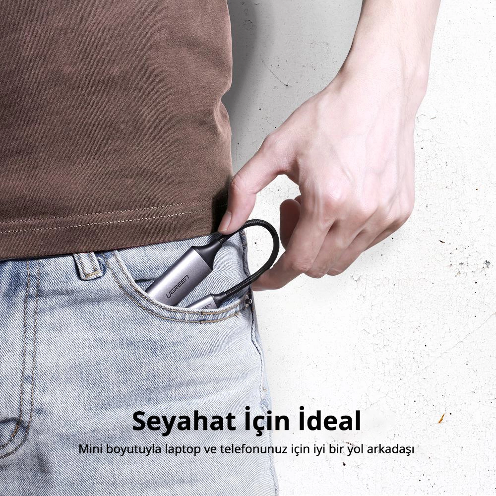 Bir kişinin eli, UGREEN adaptörünü kot cebinde tutuyor, Türkçe metinle: "Seyahat için ideal."