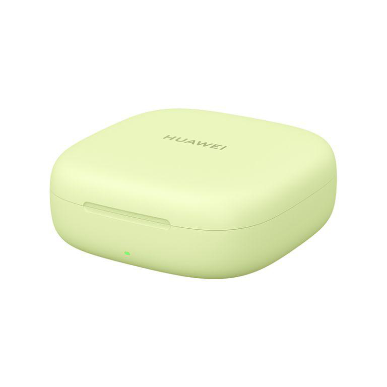 Ein hellgrünes, quadratisch geformtes, geschlossenes Ohrhörer-Ladeetui. Das Etui hat das Wort 'HUAWEI'.