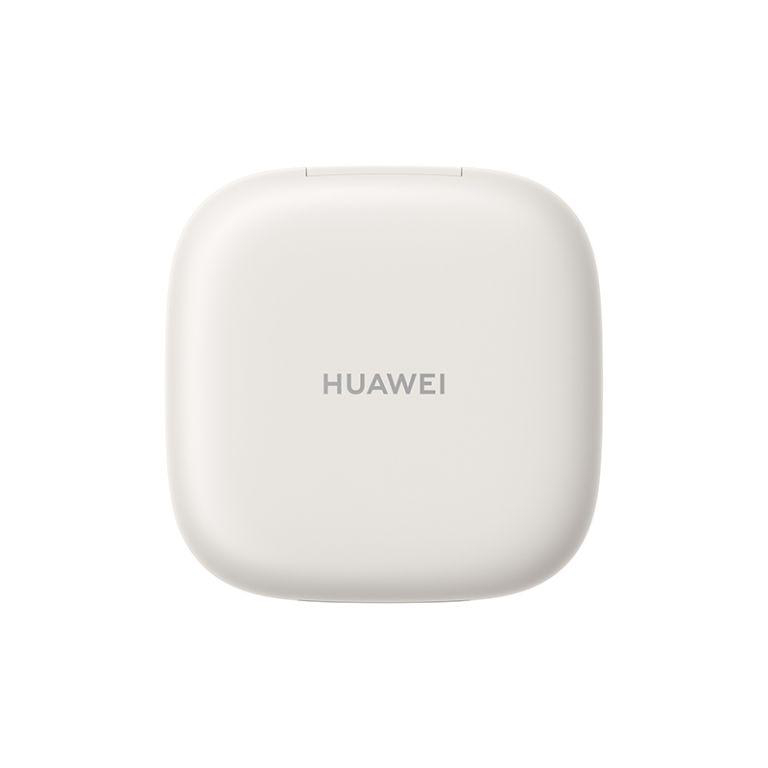 Weiße Ohrhörer-Hülle mit Huawei-Logo, isoliert auf weißem Hintergrund.