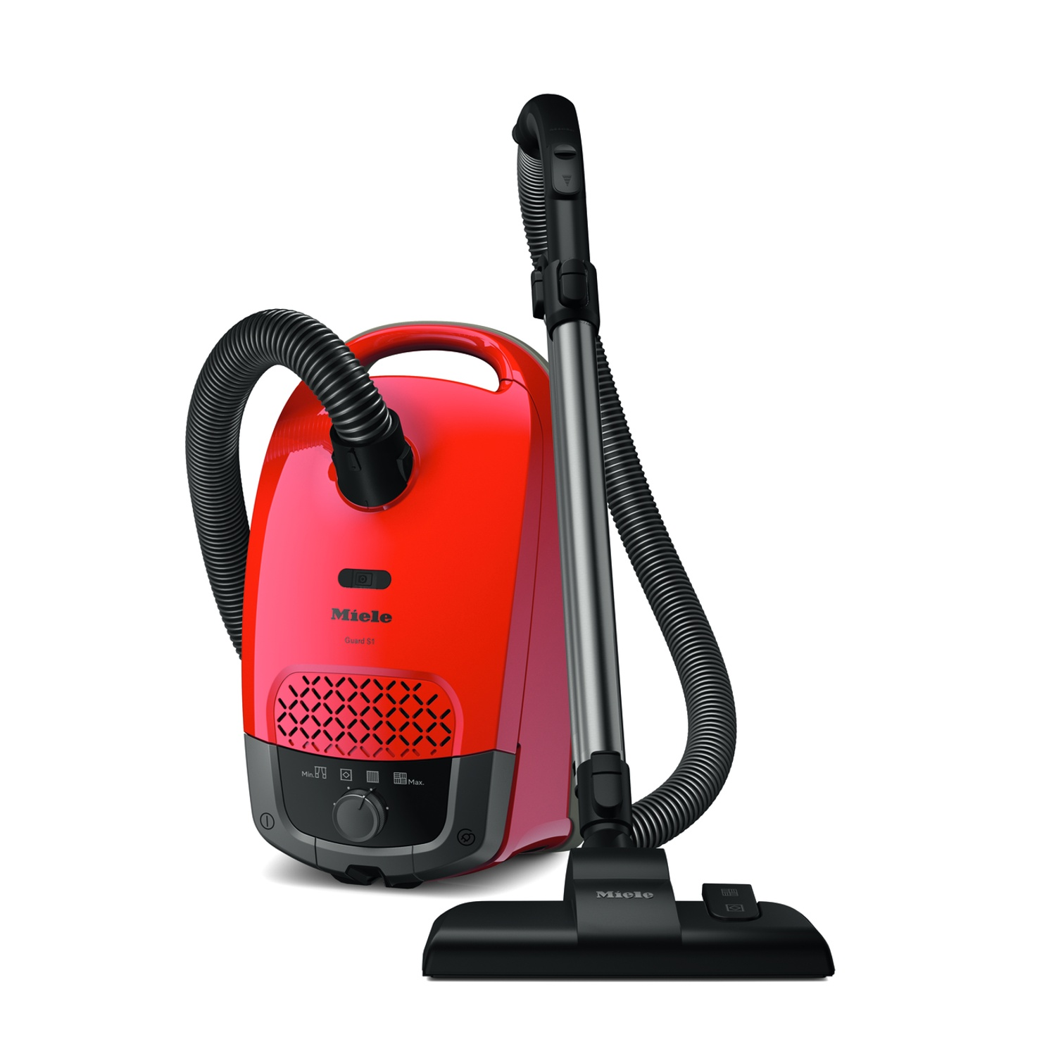 Aspirapolvere Miele rosso. Tubo e bocchetta neri, sfondo bianco.