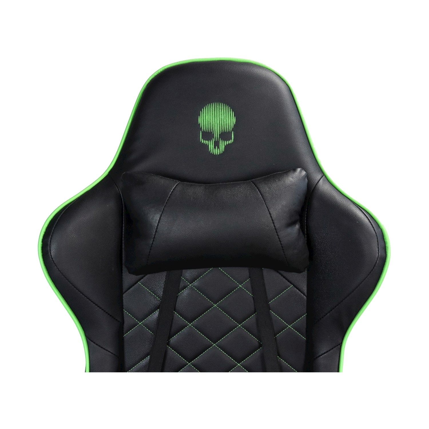 Una sedia da gioco nera e verde con un teschio.