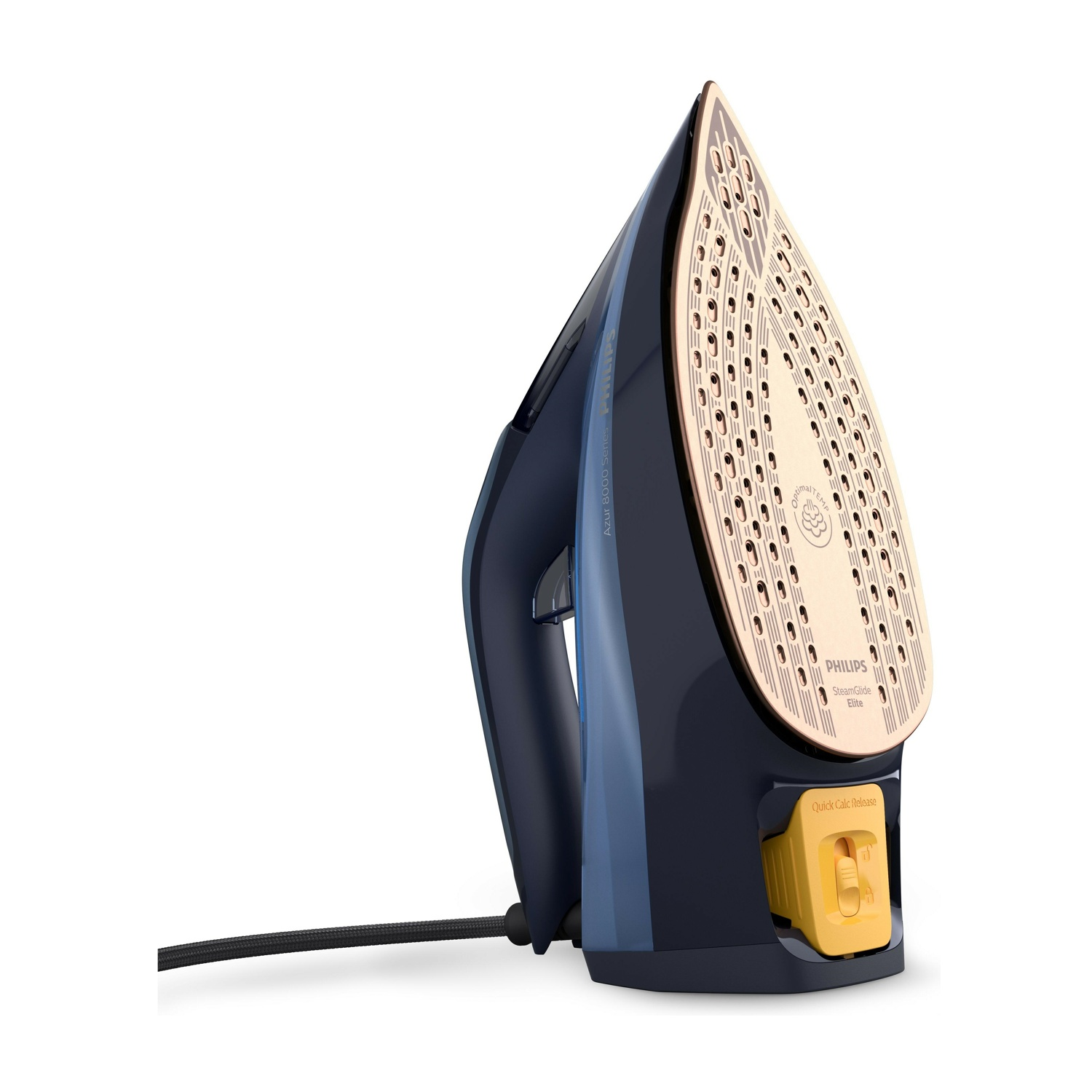 Un ferro da stiro blu scuro con piastra riscaldante color oro e pulsante giallo su sfondo bianco.