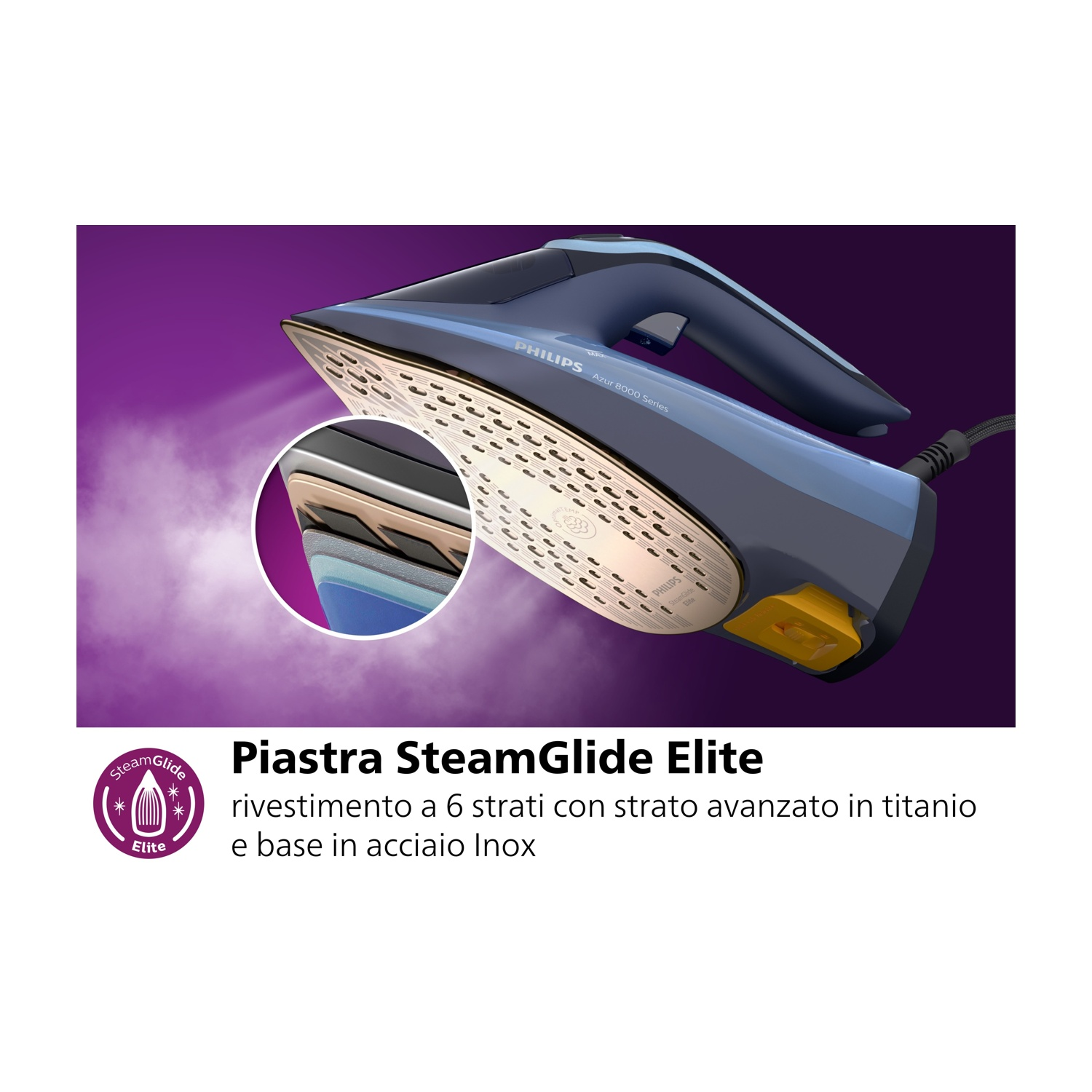 Primo piano di un ferro da stiro blu con piastra SteamGlide Elite. La piastra è dettagliata. Il testo spiega le caratteristiche.