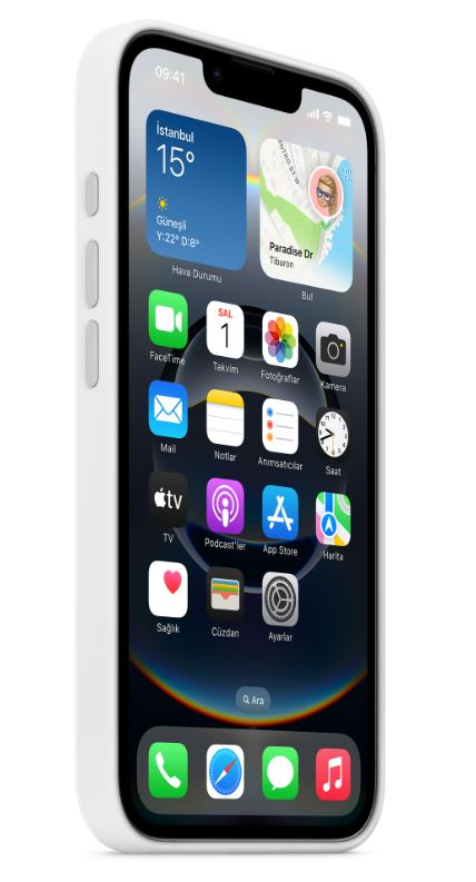 iPhone ekranı, simgelerle ana ekranı ve beyaz bir kılıfı gösteriyor. Saat 09:41. Arka plan beyaz.