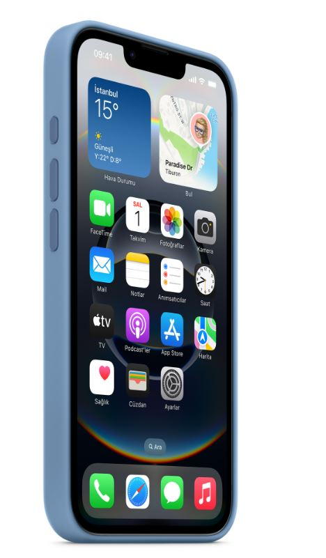 Uygulamaları ve hava durumu detaylarını gösteren bir ekrana sahip mavi bir iPhone. Arka plan beyaz.