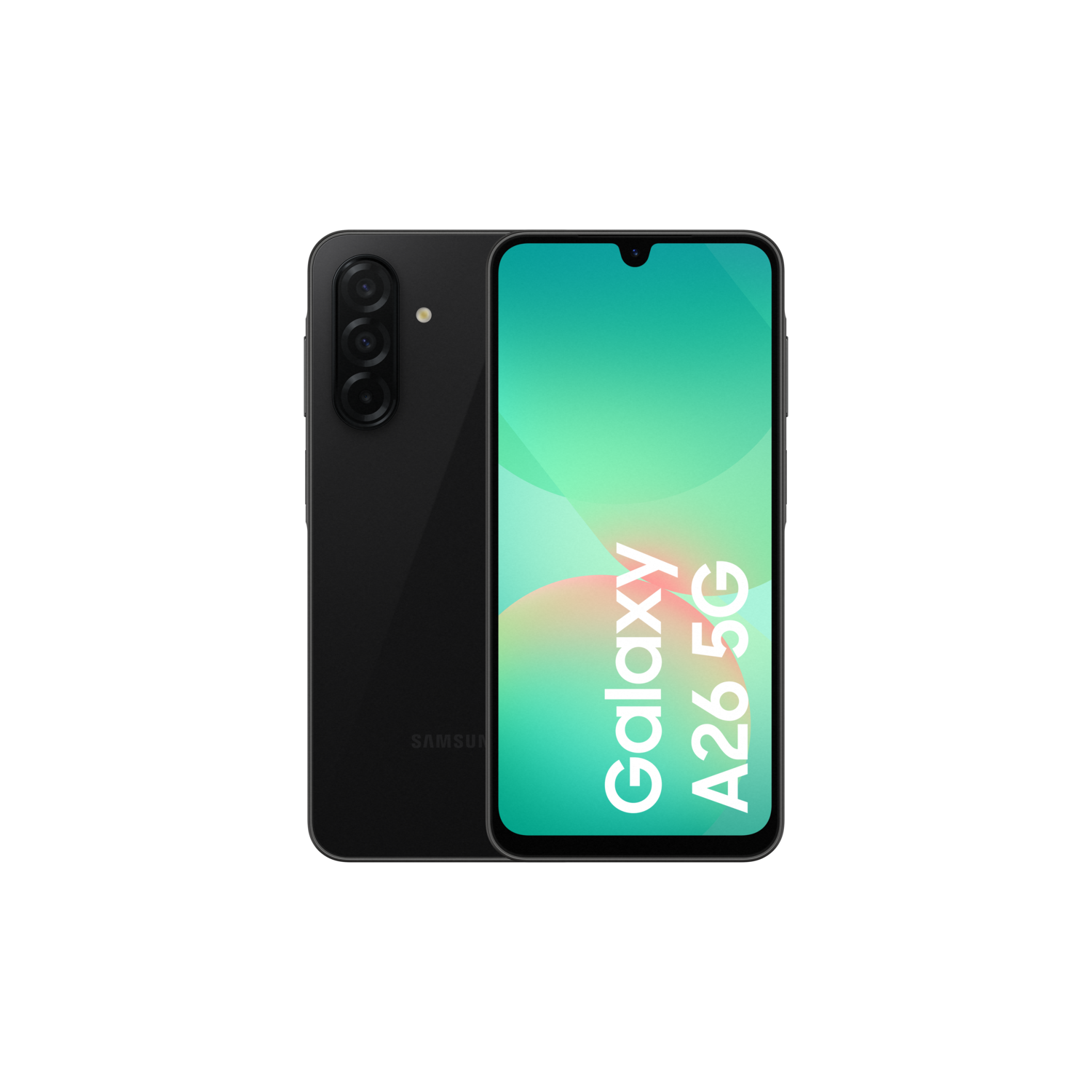 Zwarte Samsung Galaxy A26 5G-telefoon, vooraanzicht met tekst op het scherm. Zwarte achtergrond.