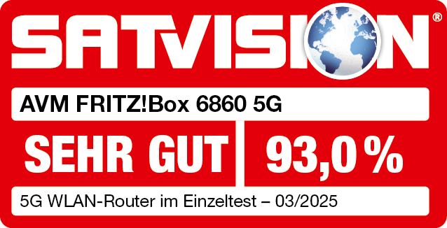 Rotes Etikett mit Text: SATVISION, AVM FRITZ!Box 6860 5G, SEHR GUT 93,0%, 5G WLAN-Router.