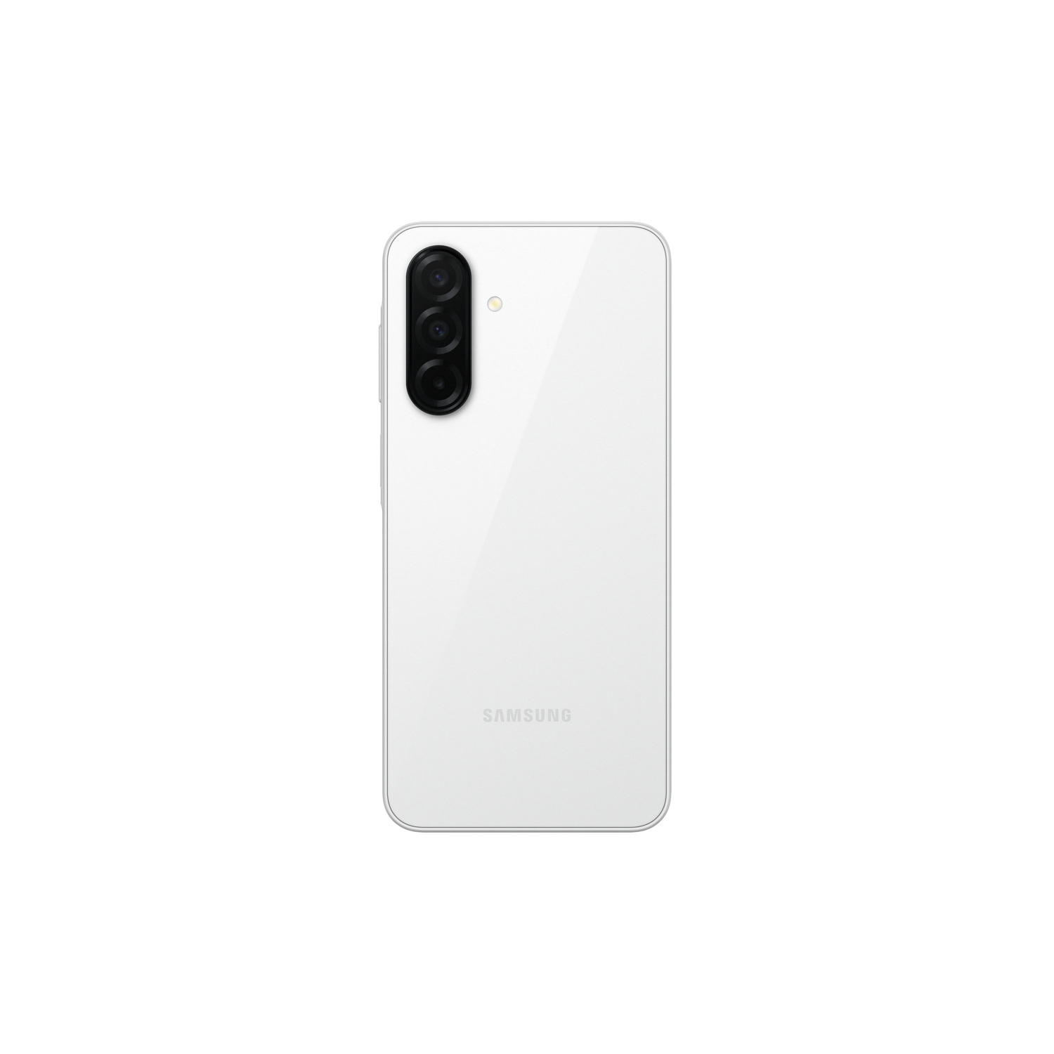 A white phone with three rear cameras and a black camera bump.