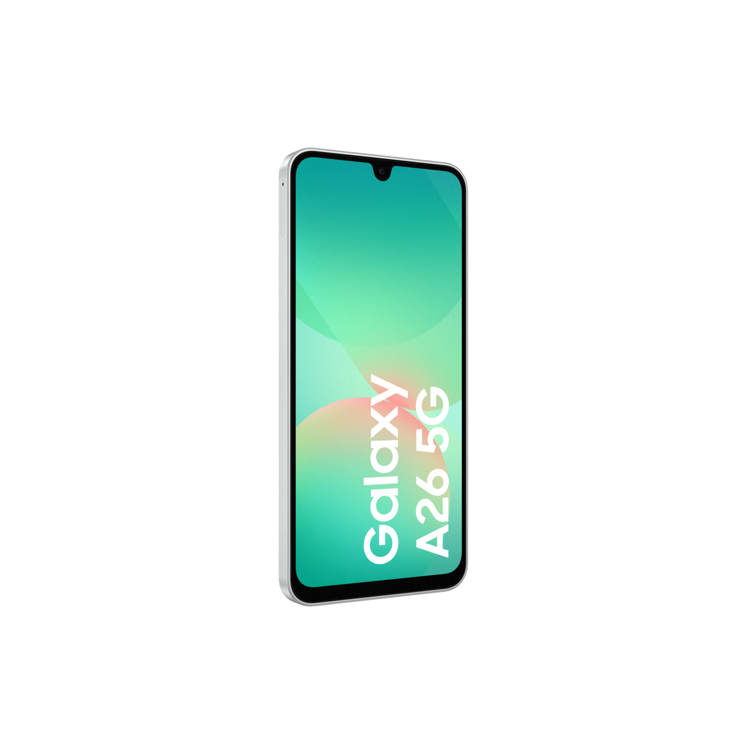 A white Samsung Galaxy A26 5G phone, with a green and pink screen. On a black background.