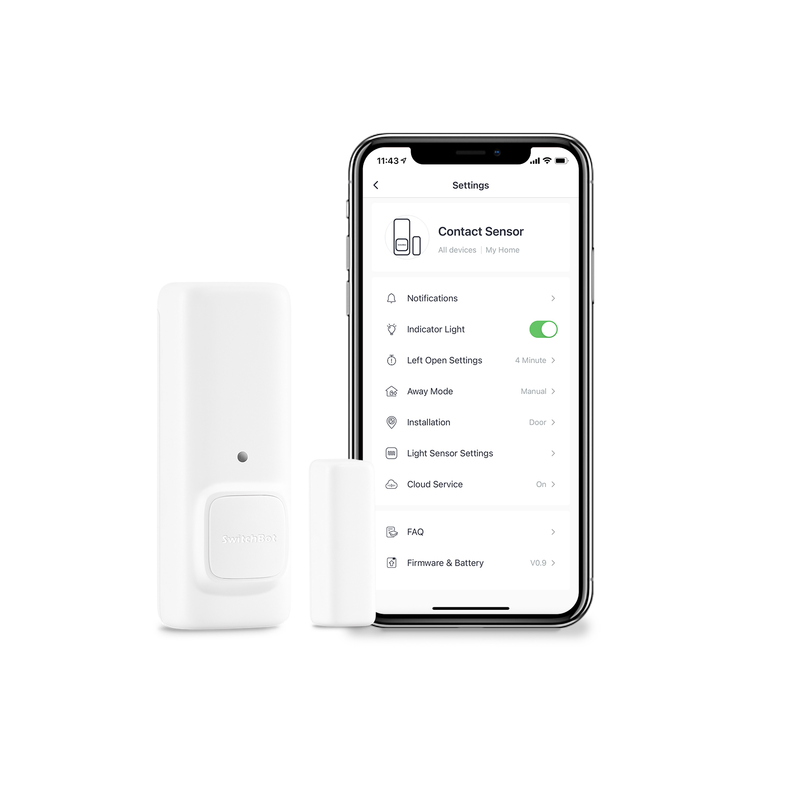 Ein weißes Switchbot-Gerät und ein Smartphone-Bildschirm, der die Switchbot-App-Oberfläche zeigt.