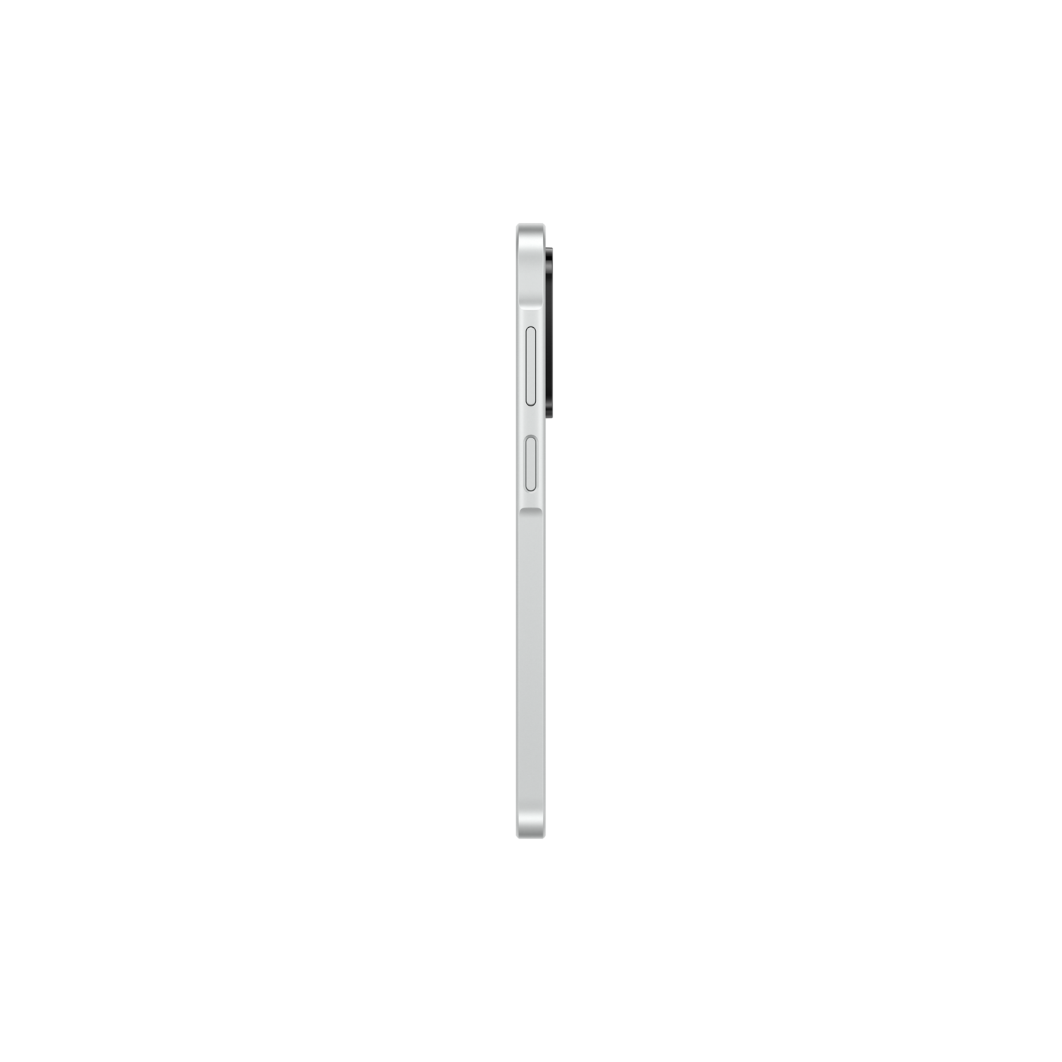 Side view of a silver phone on a black background. The phone has buttons on the side.