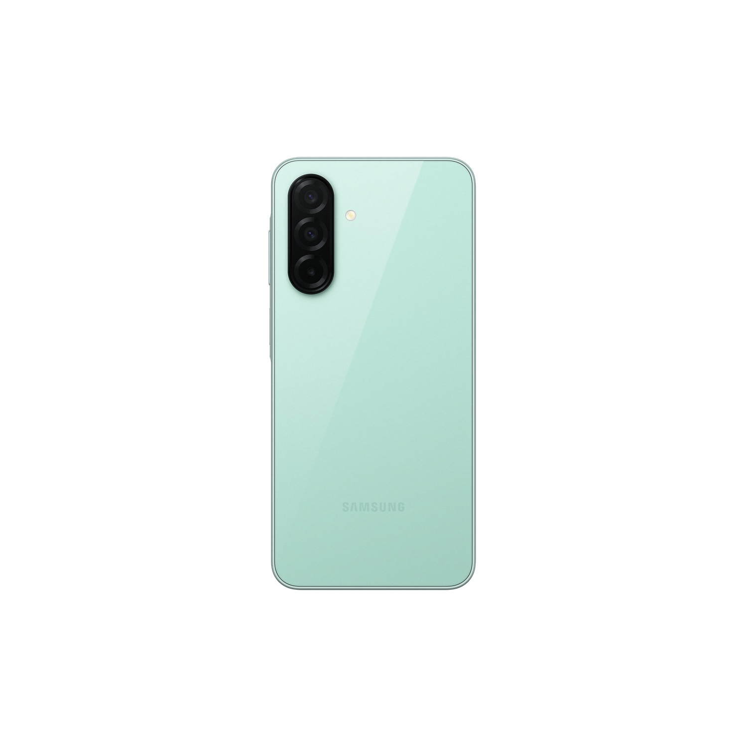 Groene smartphone achterkant met drie camera's, witte achtergrond.