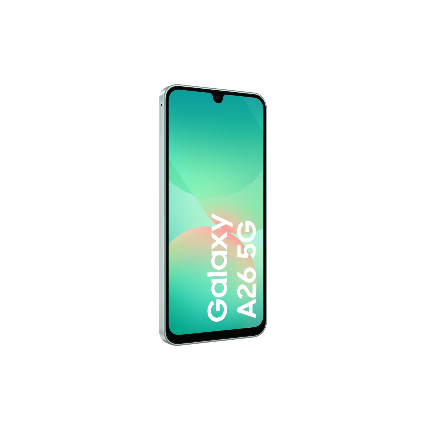 Een mobiele telefoon, de Galaxy A26 5G, met een lichte rand en een groen-roze verloop.