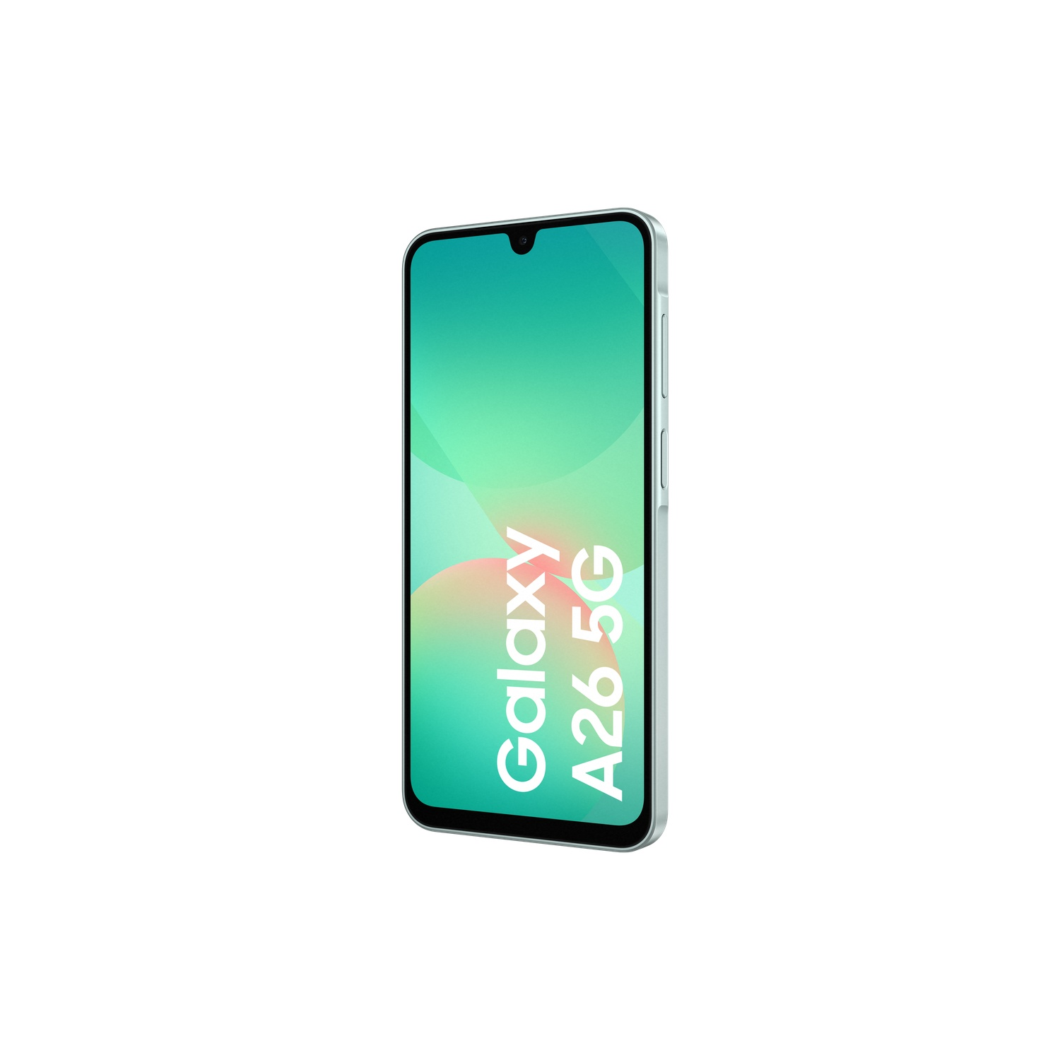 Smartphone, schuine weergave, groene tint. Galaxy A26 5G tekst op scherm, zwarte rand.