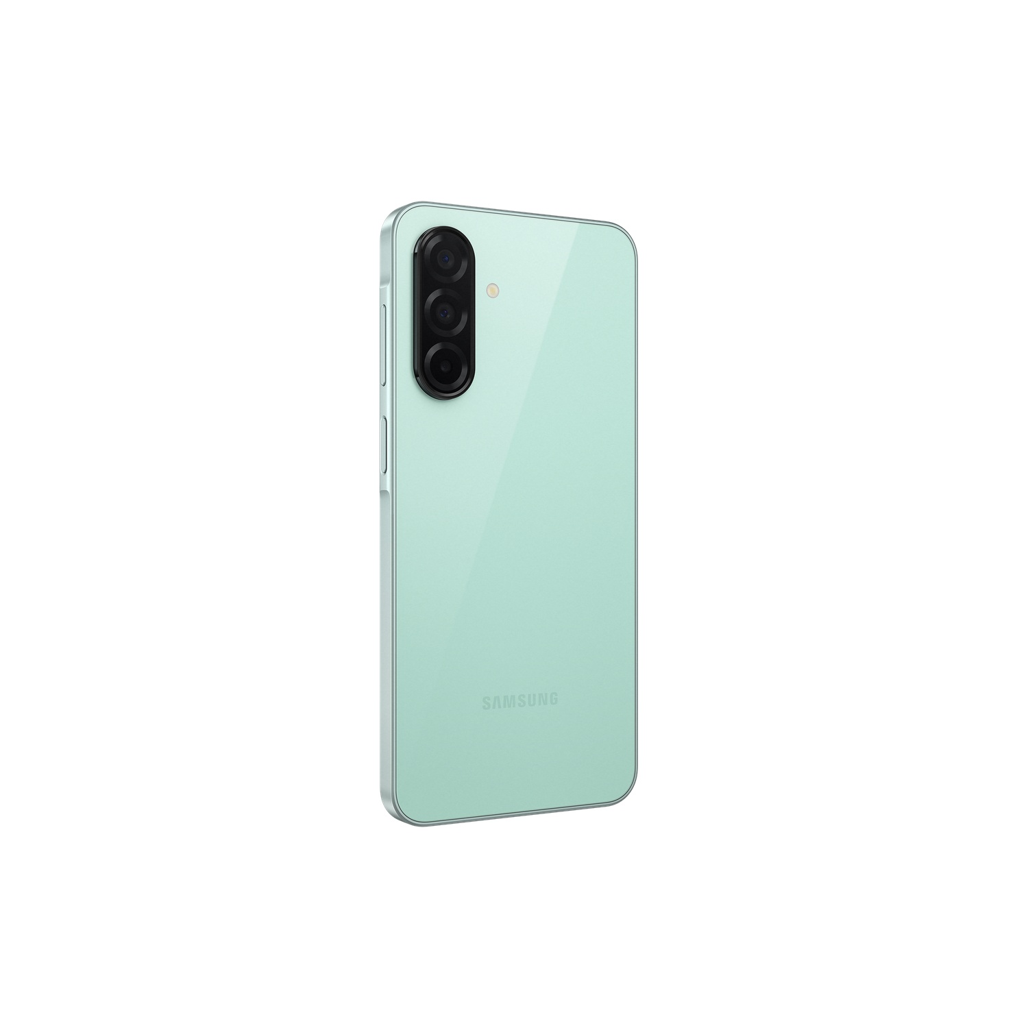 Smartphone, schuine weergave, groene kleur. Achterkant toont drie camera's, zwarte achtergrond.