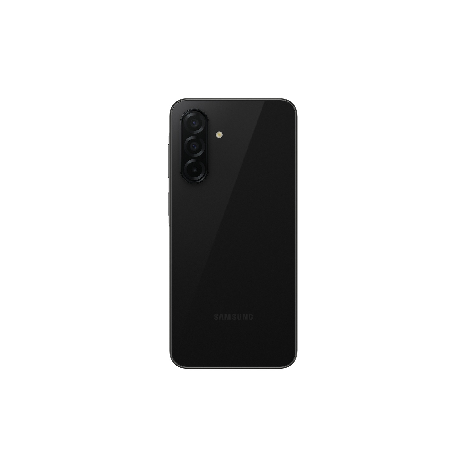 Black smartphone back view. Has three cameras and a flash. The case is glossy.