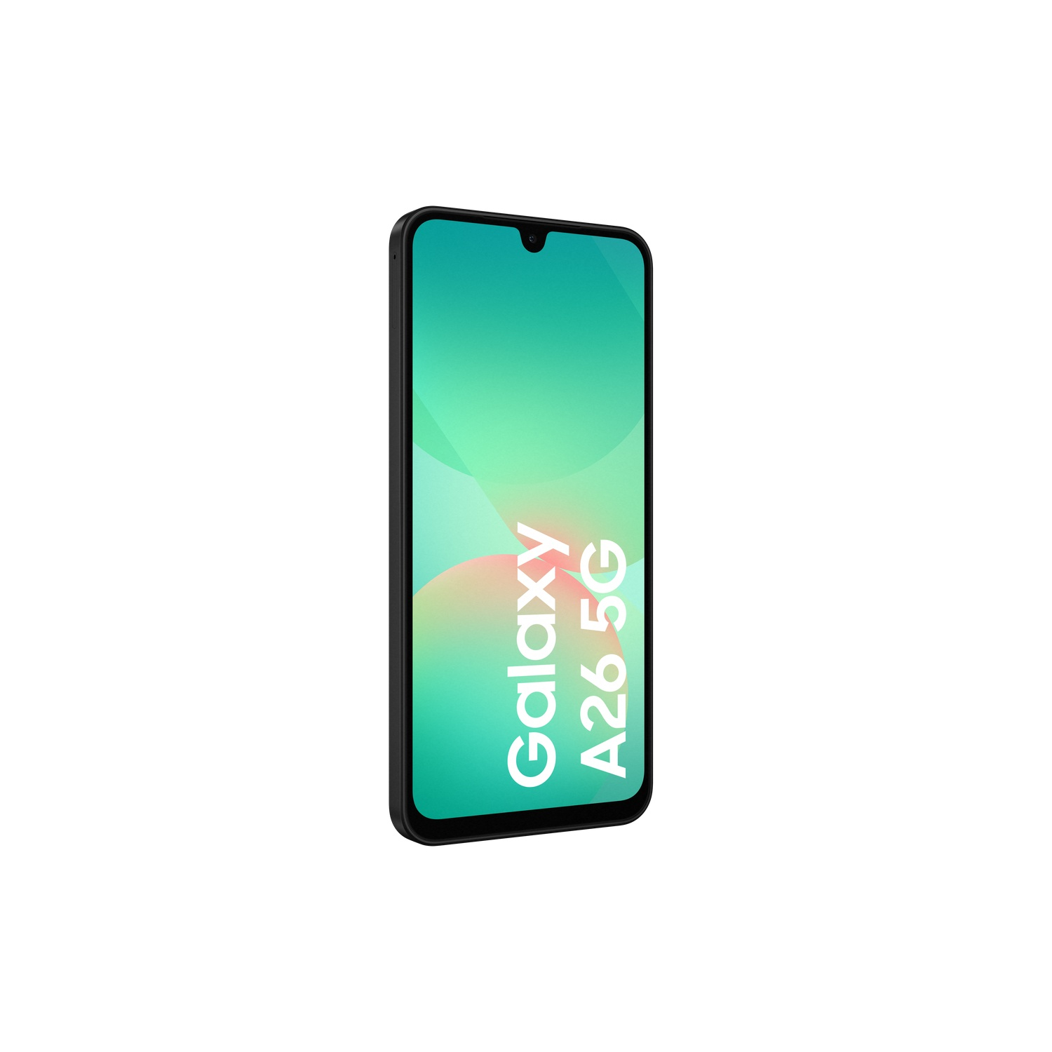 Black framed phone. The screen shows a teal and pink background with the words Galaxy A26 5G.