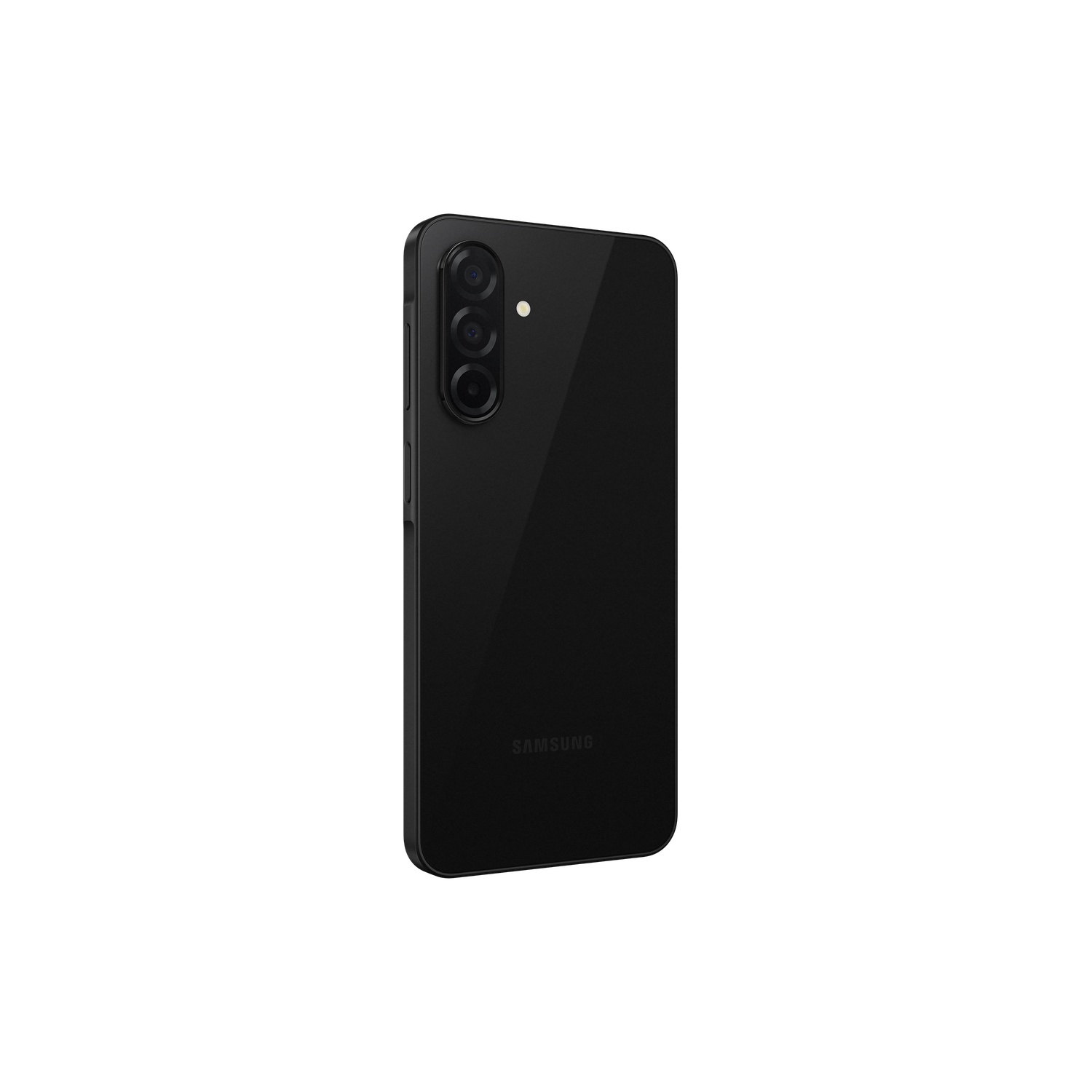 A black smartphone, rear view. The phone has three camera lenses and a sleek, glossy finish.