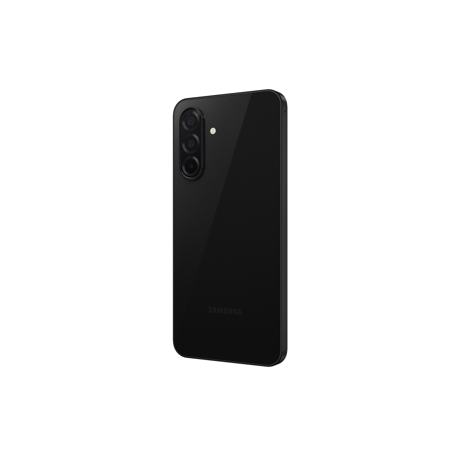 Black smartphone back, three cameras. White background.
