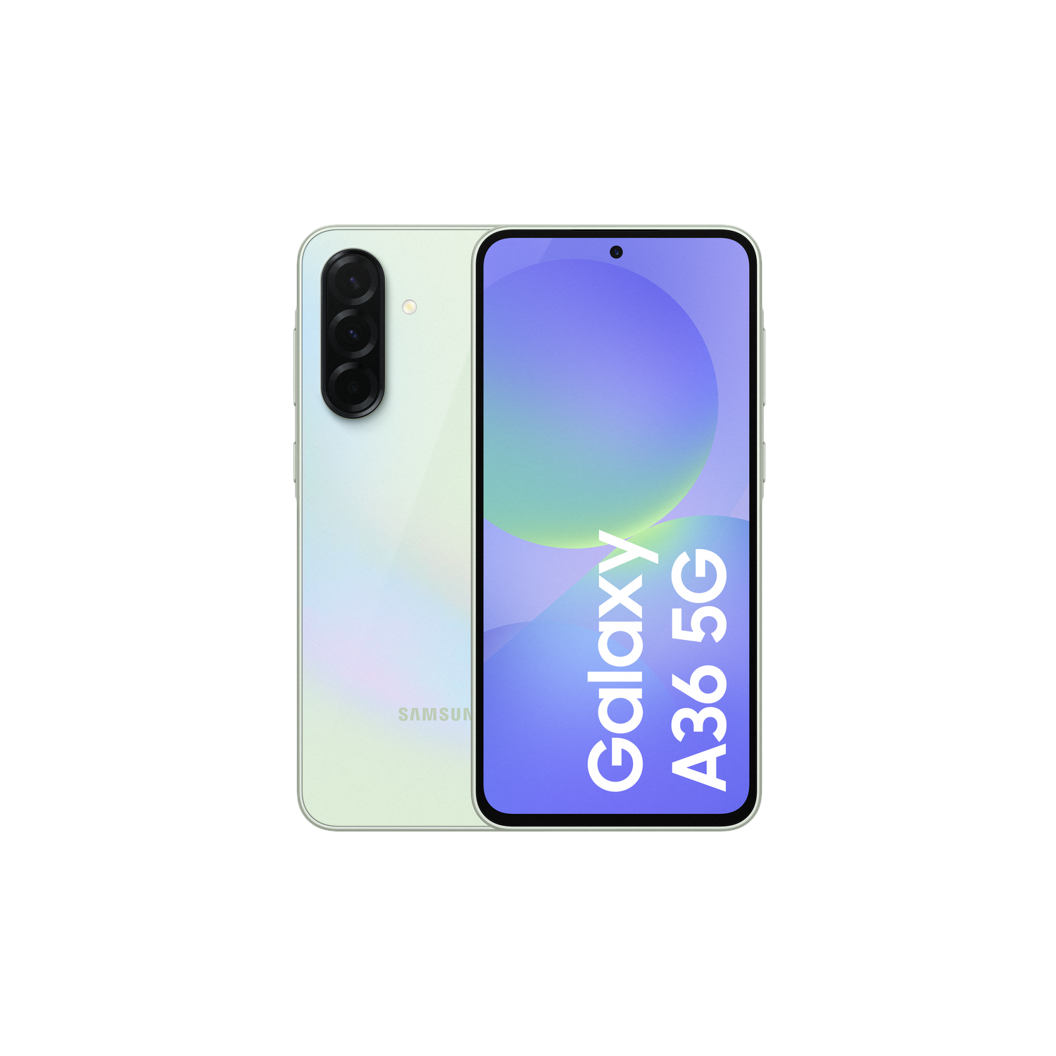 Téléphone vert Samsung Galaxy A36 5G sur fond noir, montrant l'écran et l'arrière.