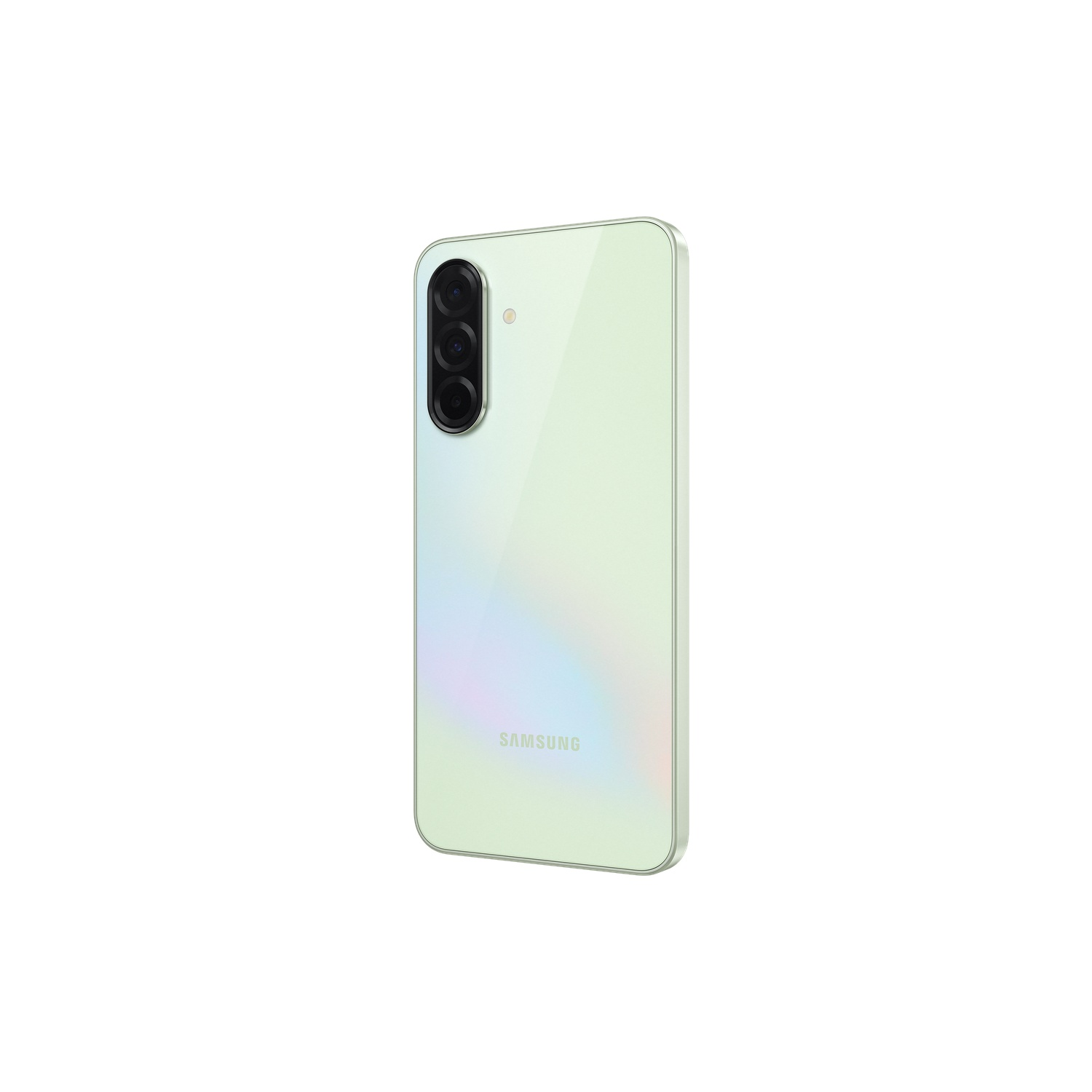 Smartphone vert avec trois caméras arrière. L'arrière est brillant et réfléchissant.