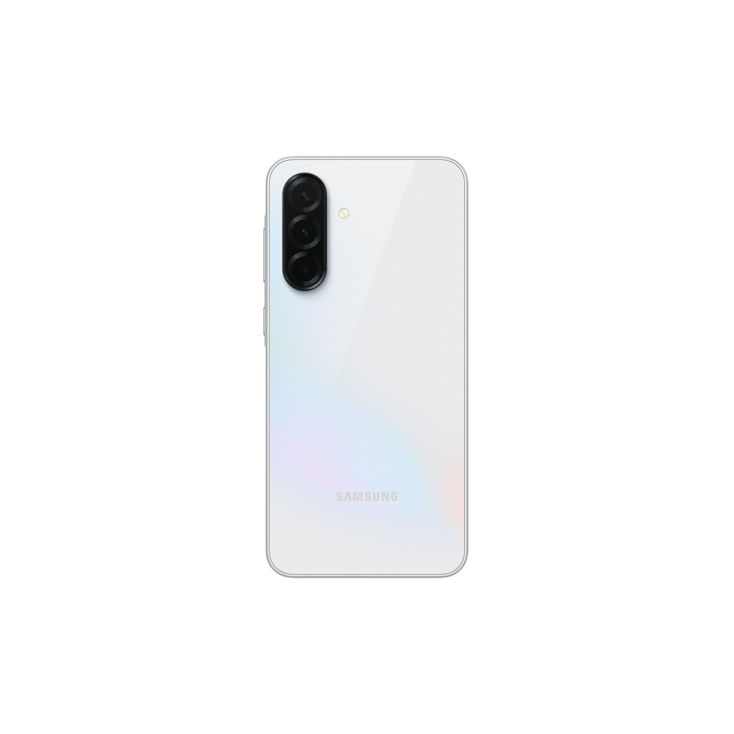 White Samsung phone with three rear cameras, on a white background. Back view.