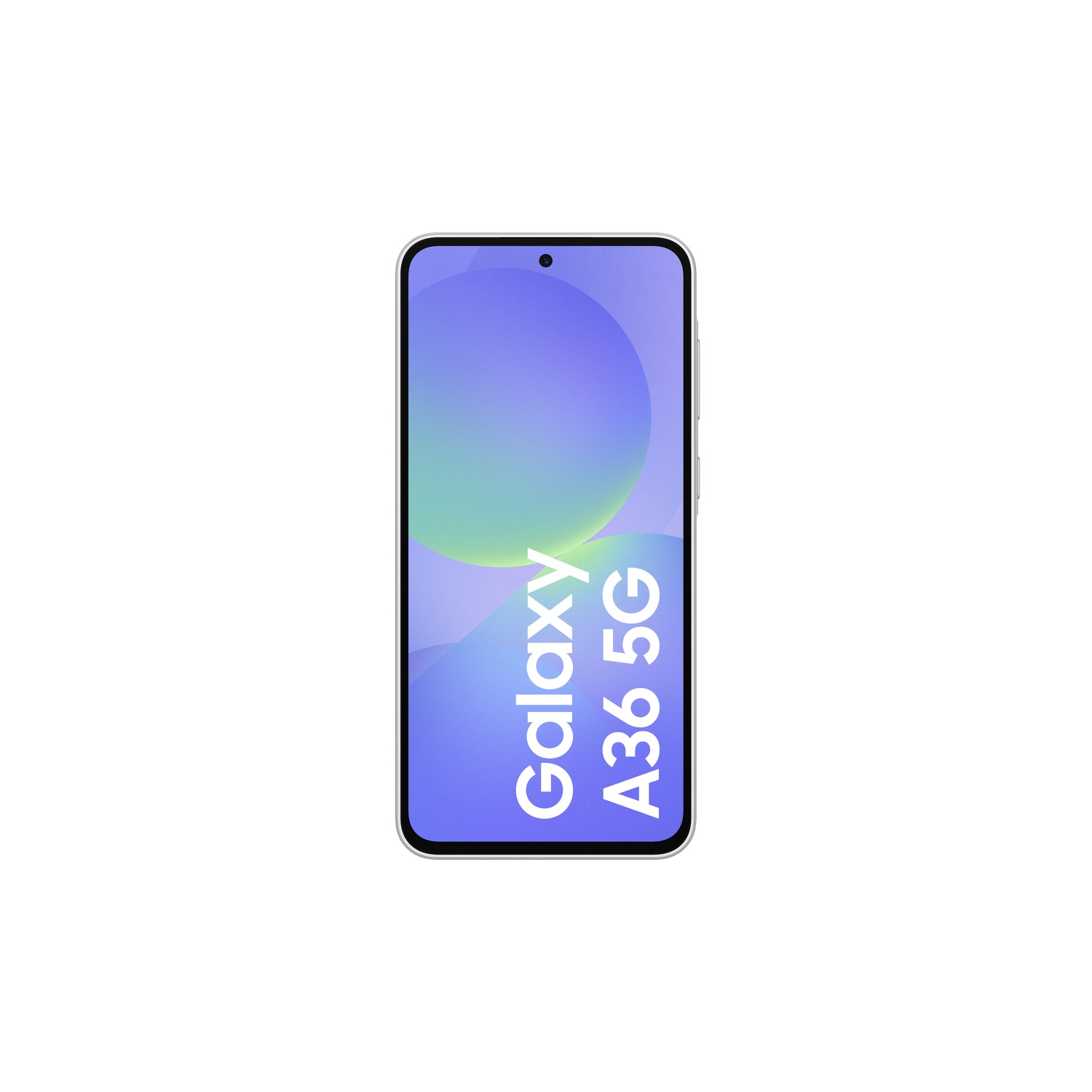 A white phone with the words 'Galaxy A36 5G' displayed on a light purple screen.