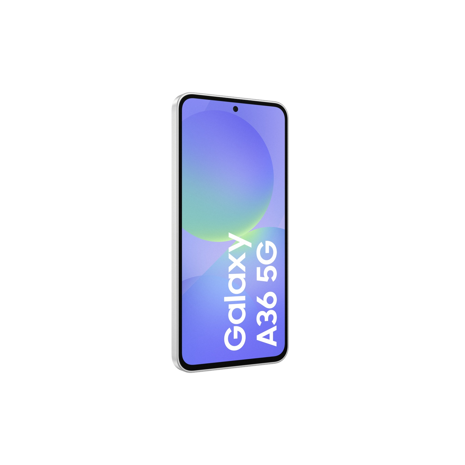 A white Samsung Galaxy A36 5G phone, with the screen displaying a purple-green gradient, on a white background.