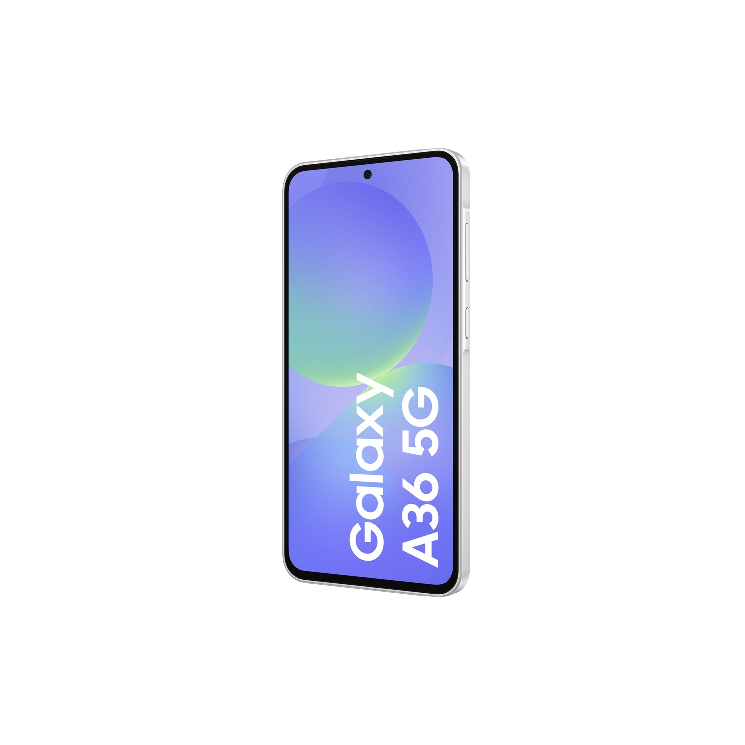 A white Samsung Galaxy A36 5G smartphone in a white background, angled to the right.