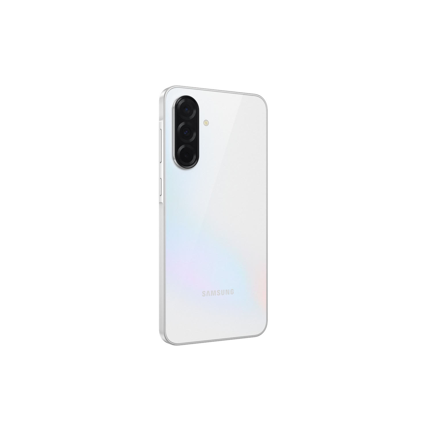 White smartphone back with three cameras, a flash, and the Samsung logo.